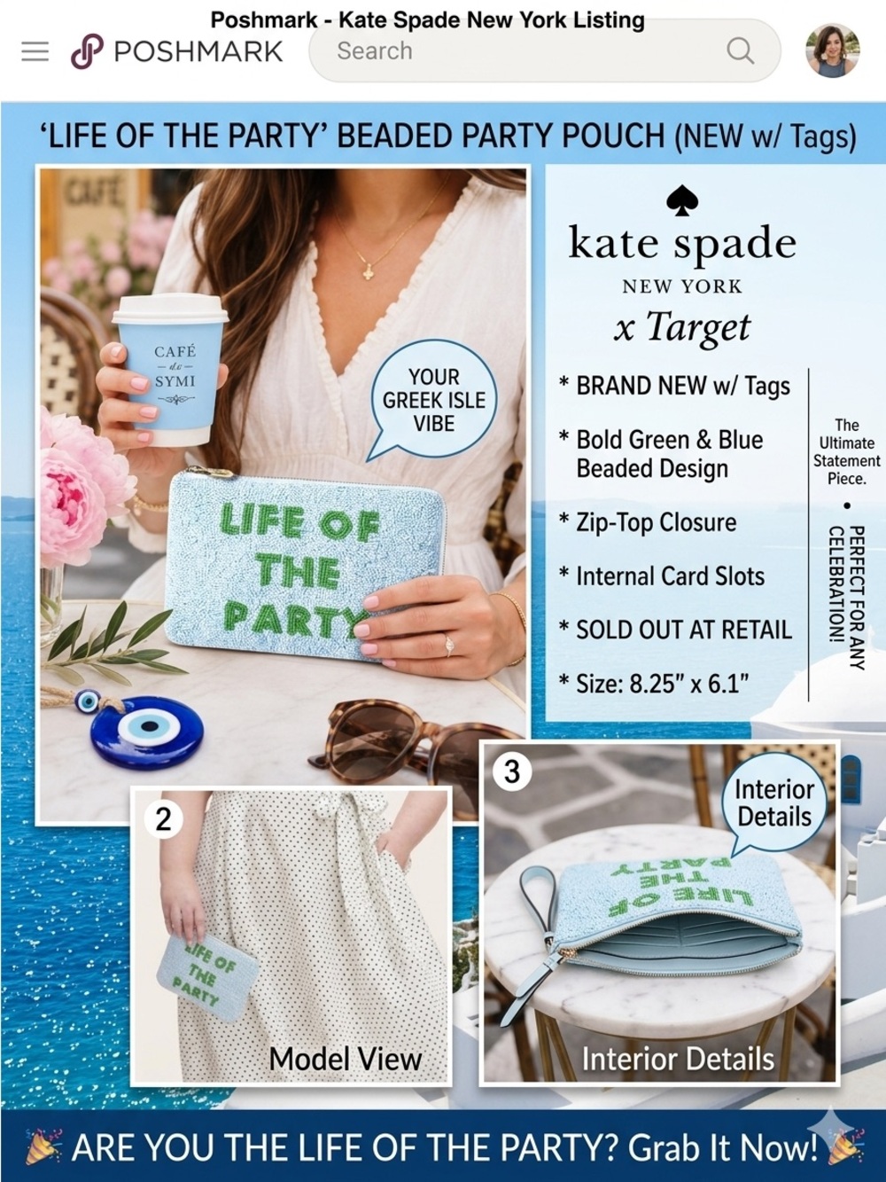 Kate Spade x Target Beaded Life of the Party Blue & Green Party Clutch NWT